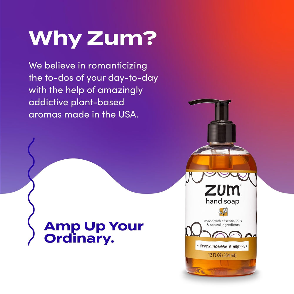 Zum on bathroom counter lifestyle shot adding warm frankincense-myrrh scent and elegant decor