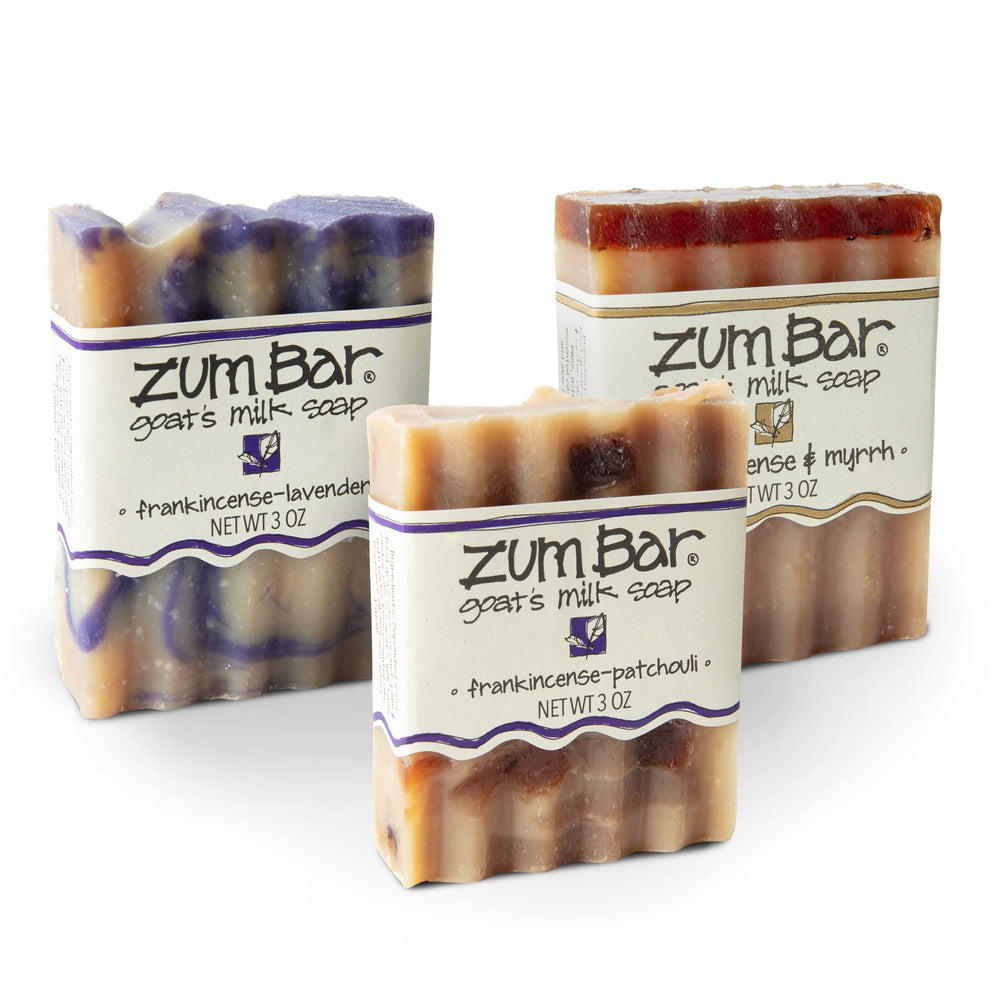 Zum frankincense front packaging shows three bars and clear branding for gifting
