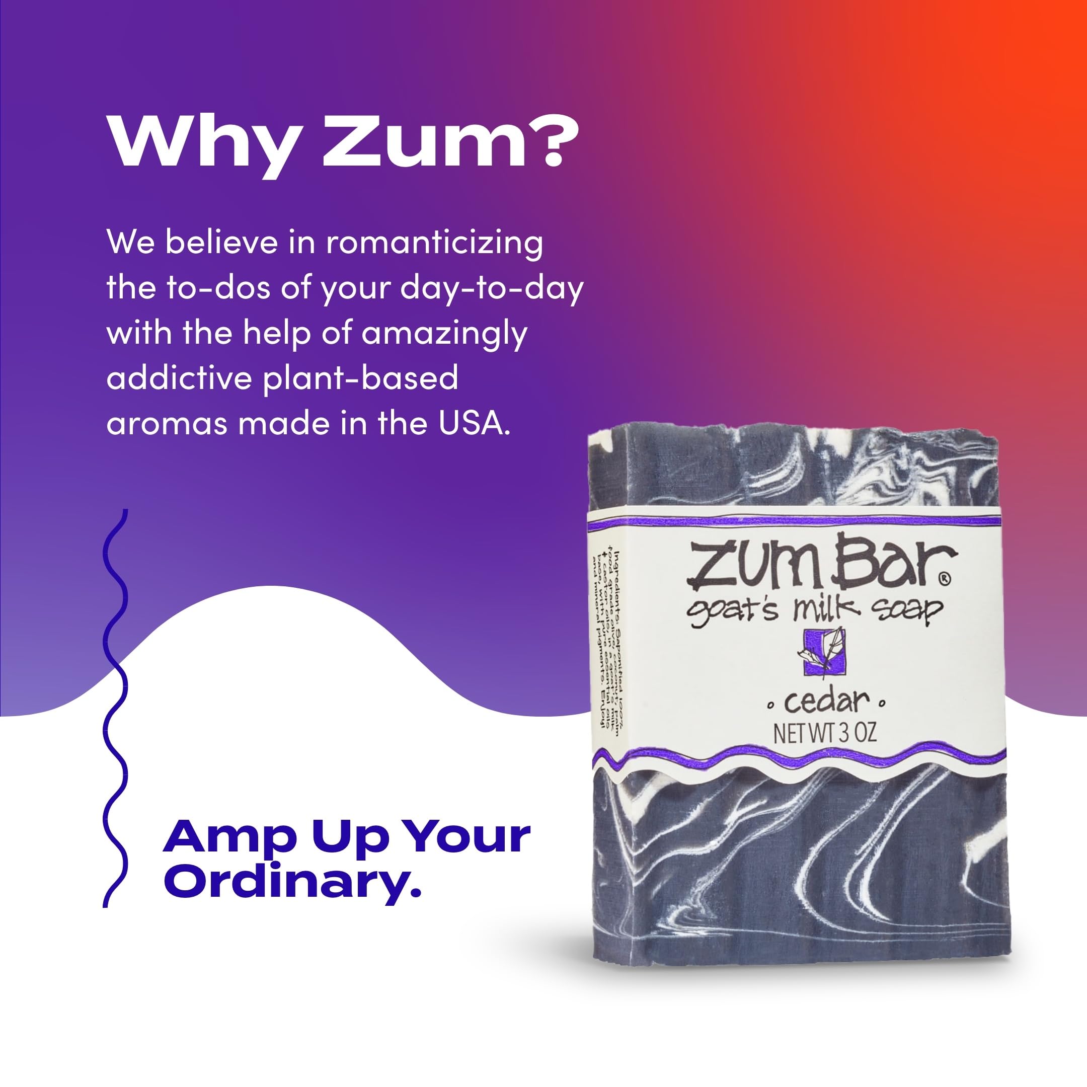 Zum cedar soap on bathroom counter styled for lifestyle and natural scent benefit