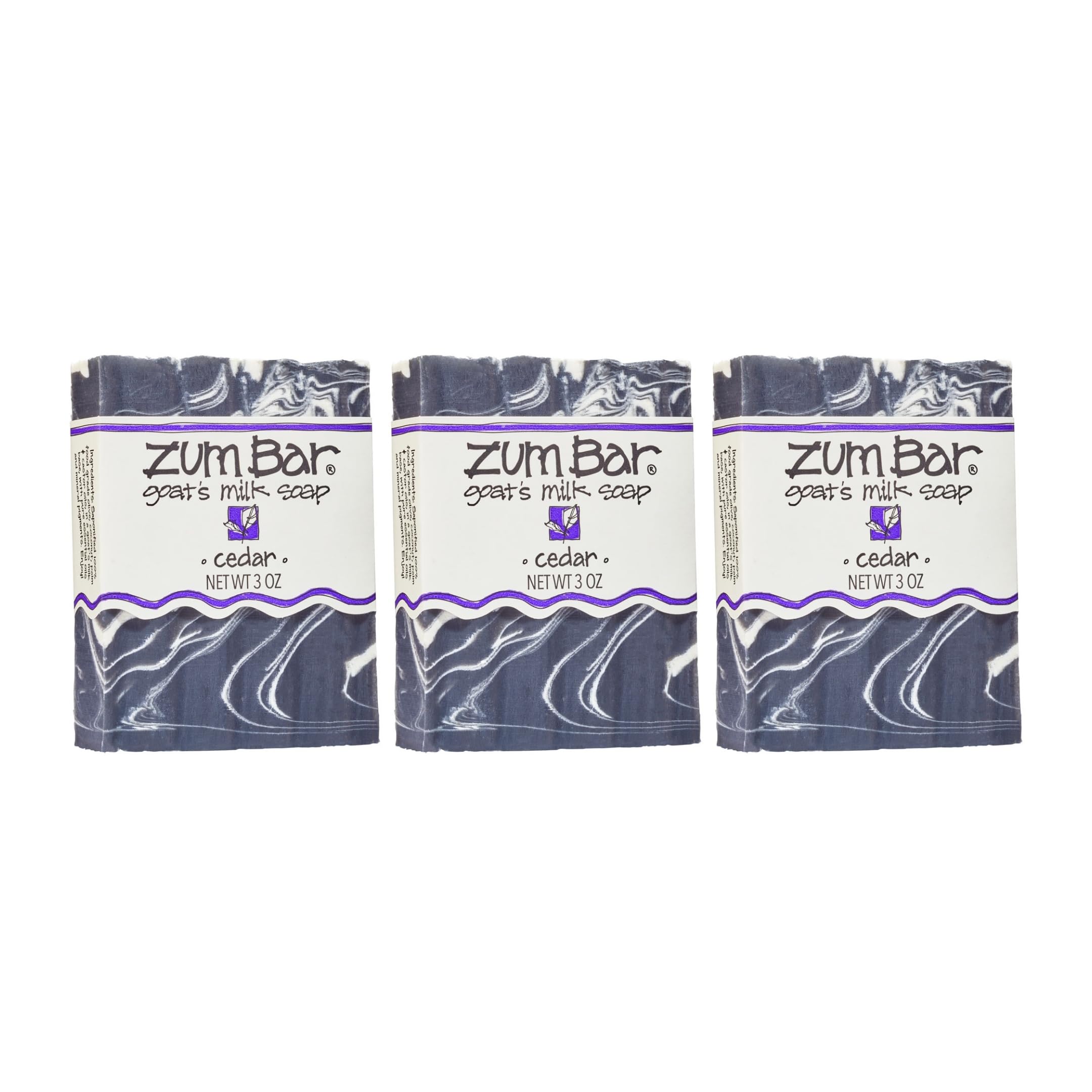 Zum cedar soap front packaging showing three 3 oz bars and natural branding benefits