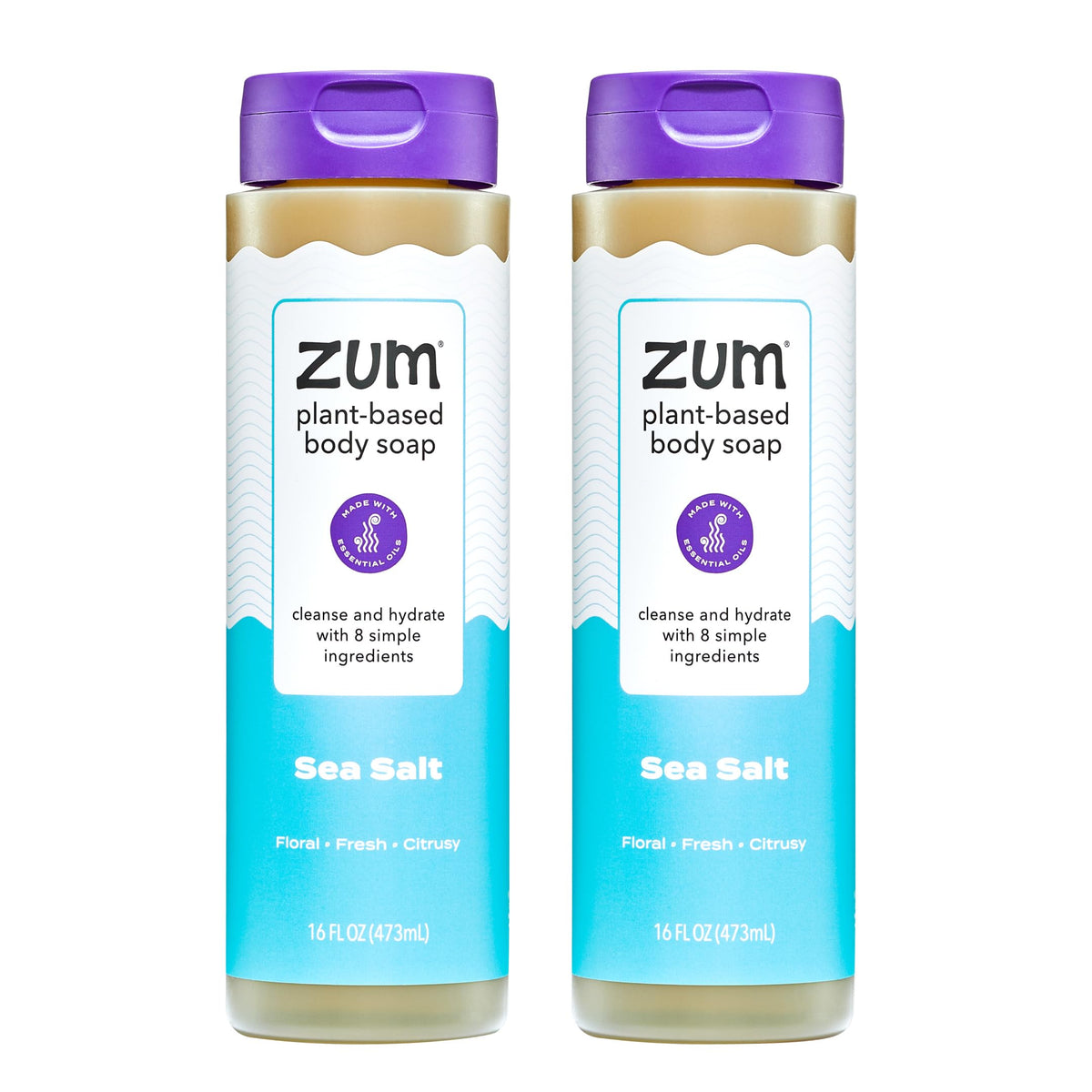 Zum front packaging showing twin 16 fl oz bottles and product benefit of clear labeling